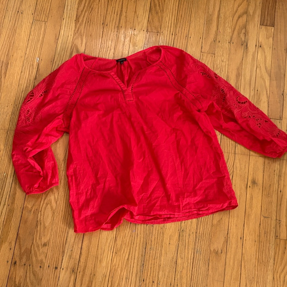 *Talbots Bright Red Embroidered Sleeve Blouse